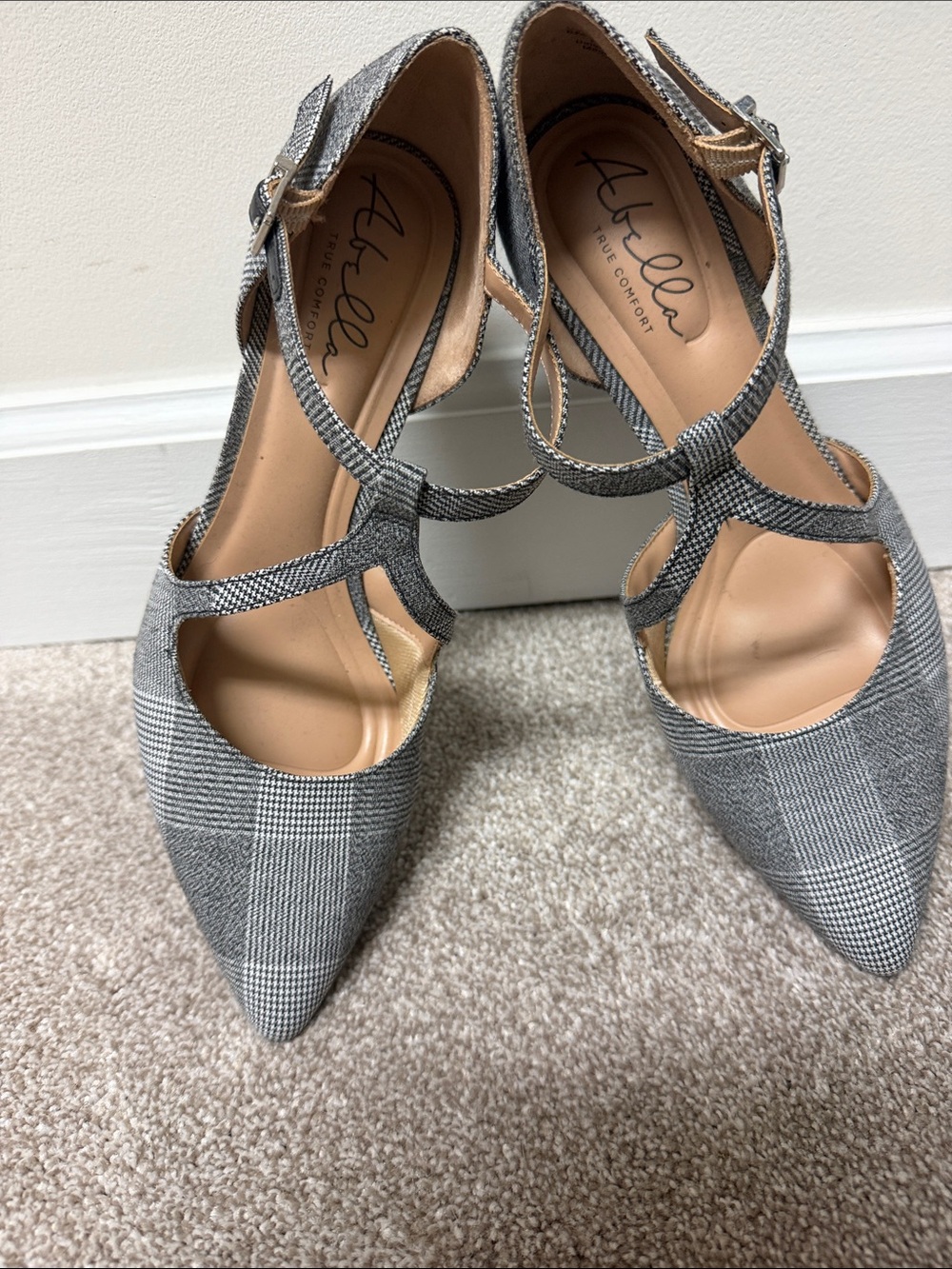 Abella Gray Plaid Pointed T-Strap Heels